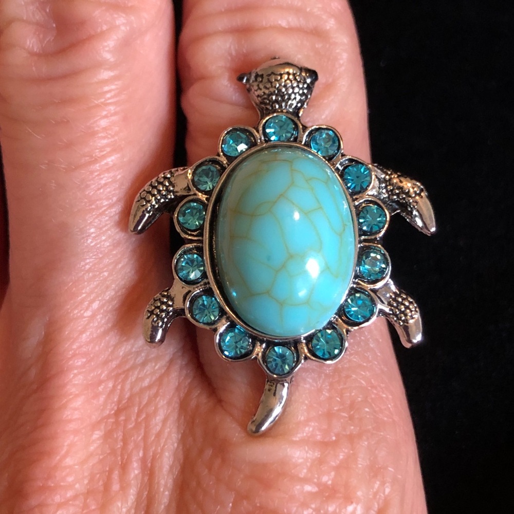Silver Turtle Ring with Faux Turquoise Stone and Blue Accents